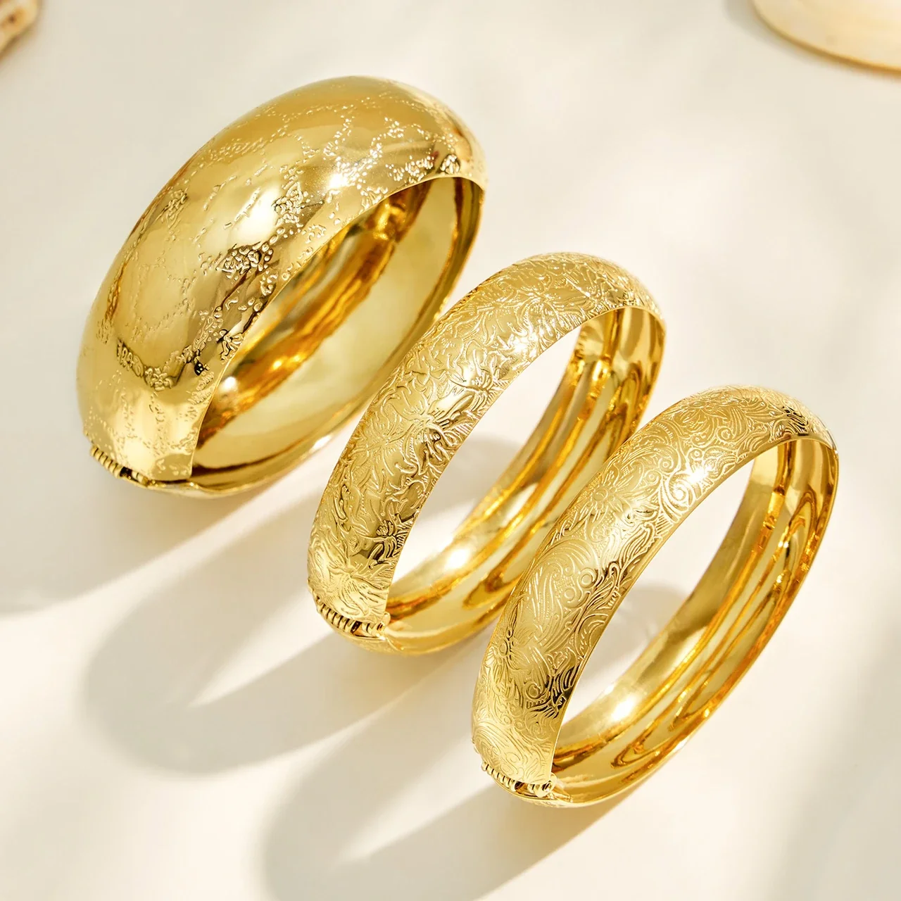 Ornate Engraved 18K Gold-Plated Wide Hinged Bangle