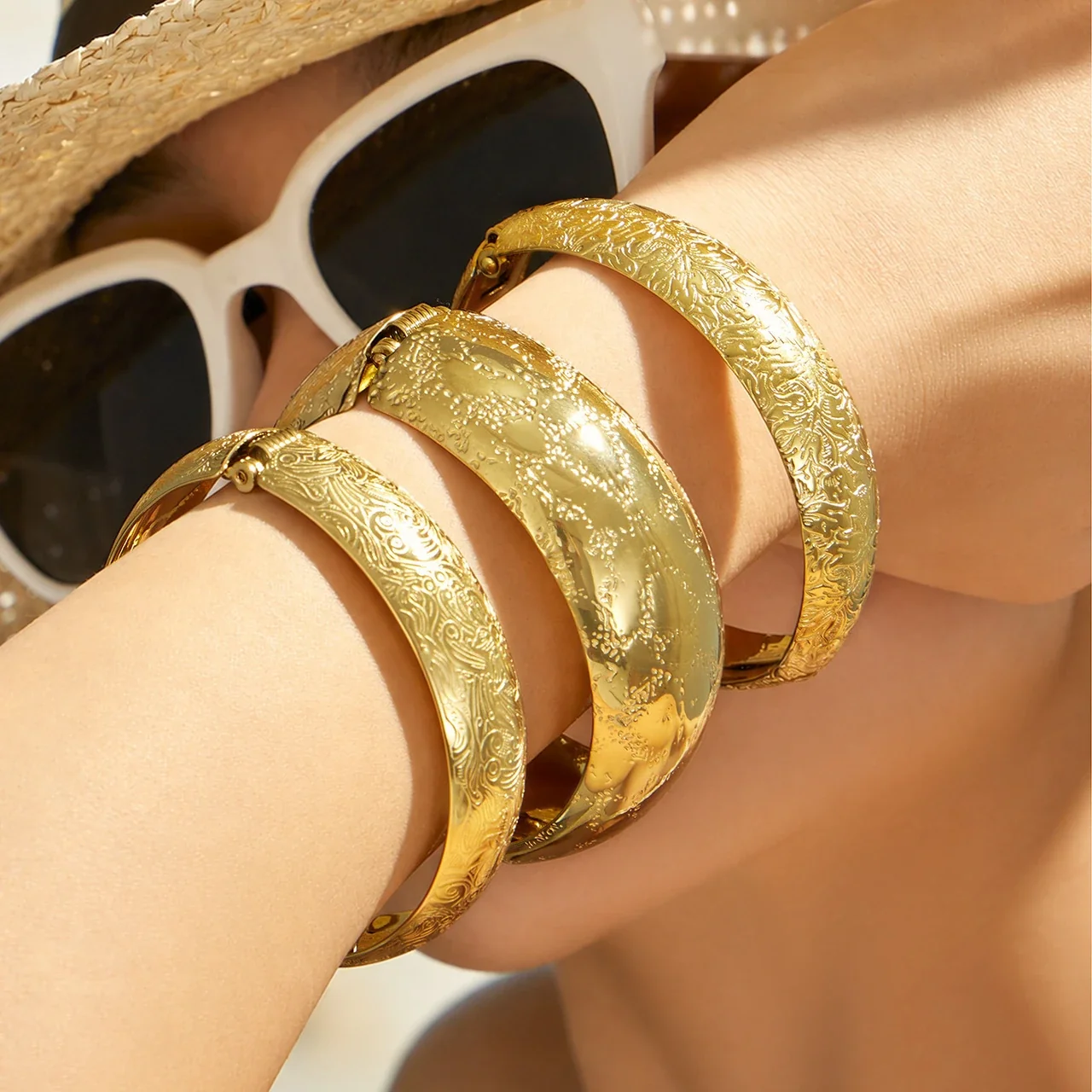 Ornate Engraved 18K Gold-Plated Wide Hinged Bangle
