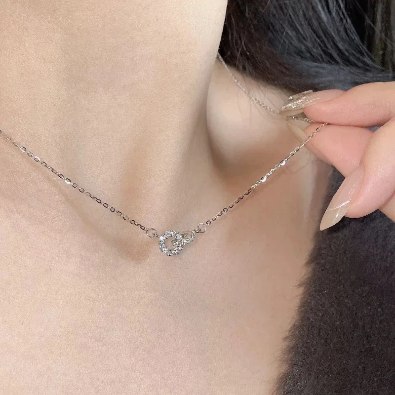 Delicate 925 Sterling Silver Double-Ring Pavé Necklace