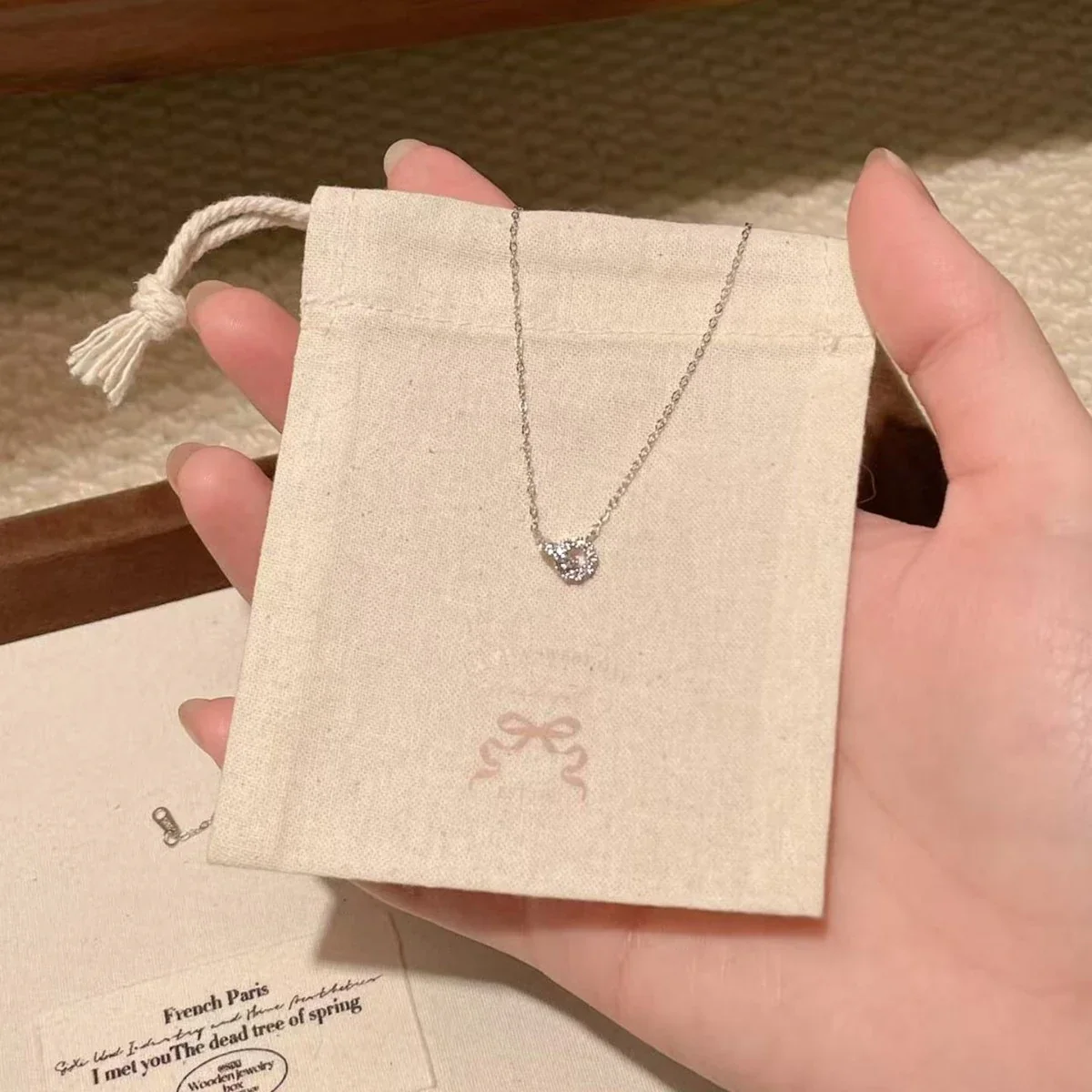 Delicate 925 Sterling Silver Double-Ring Pavé Necklace