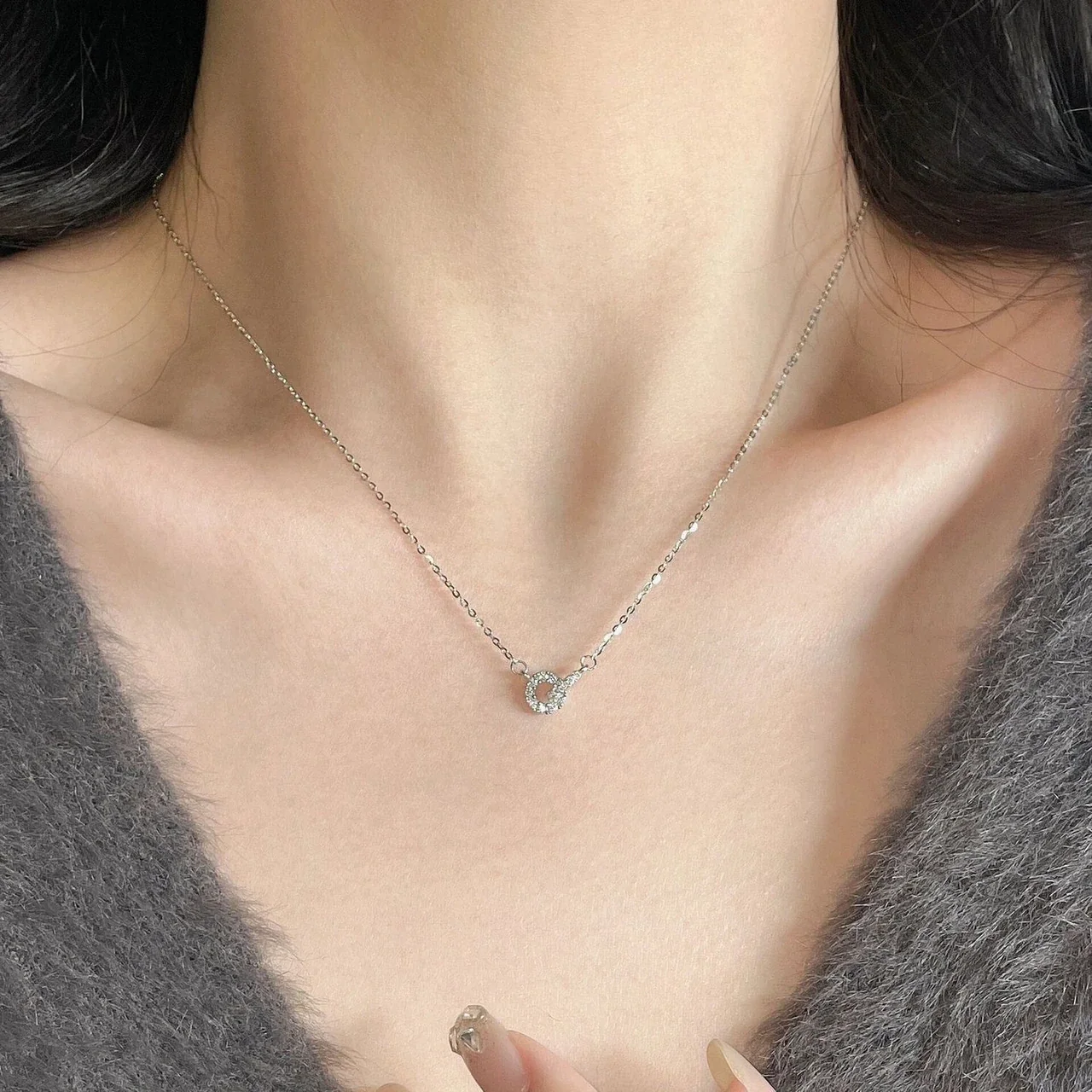 Delicate 925 Sterling Silver Double-Ring Pavé Necklace - Silver