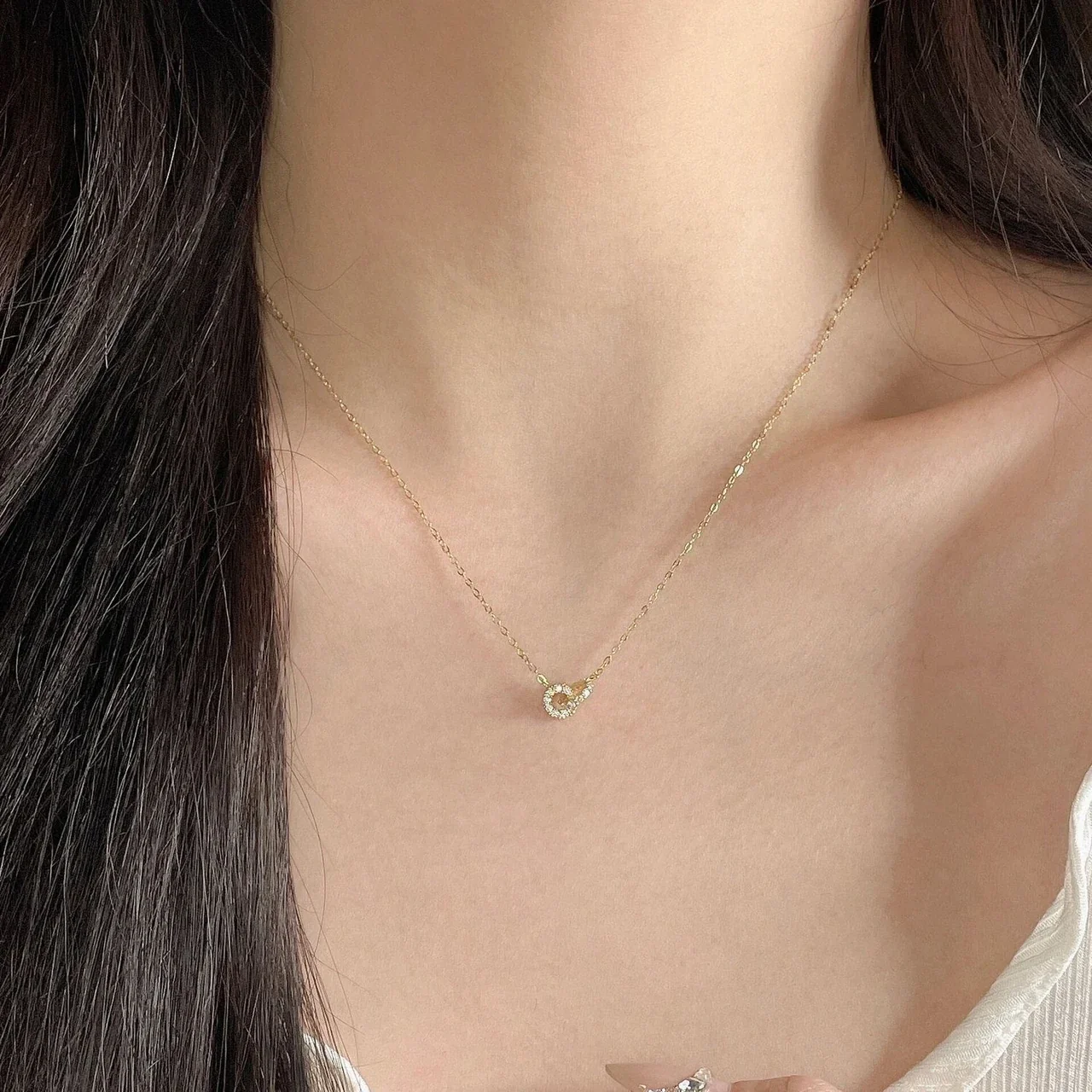 Delicate 925 Sterling Silver Double-Ring Pavé Necklace - Gold