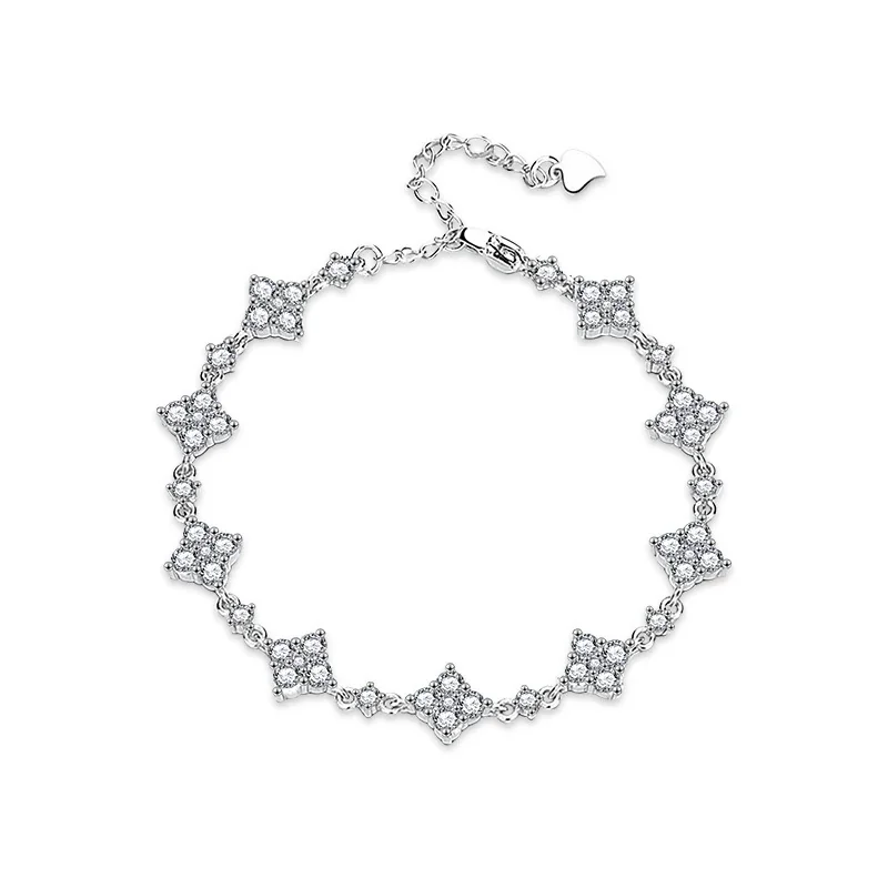 Graceful Four-Leaf Clover Clustered 925 Sterling Silver Moissanite Bracelet