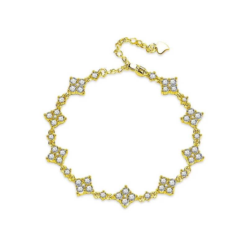 Graceful Four-Leaf Clover Clustered 925 Sterling Silver Bracelet - Gold
