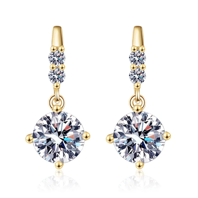 Dainty Gold-Tone Prong-Set Round Moissanite Drop Earrings