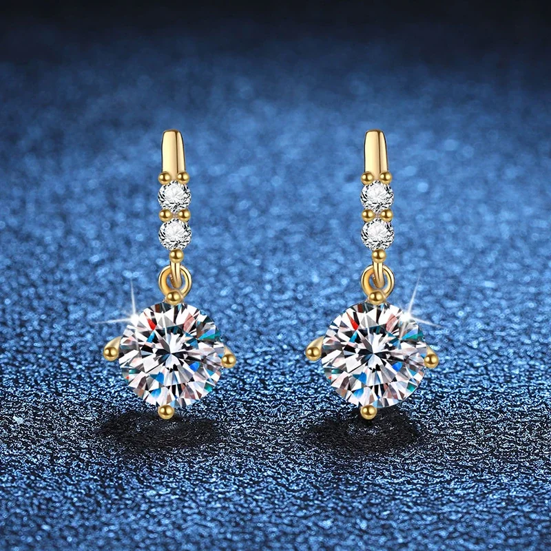 Dainty Gold-Tone Prong-Set Round Moissanite Drop Earrings