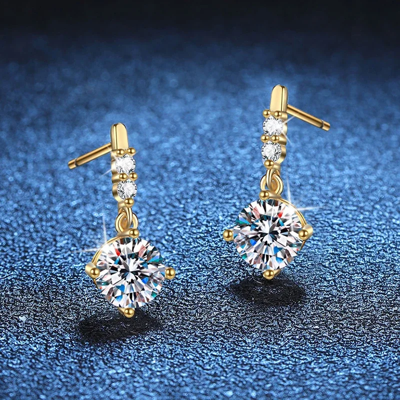 Dainty Gold-Tone Prong-Set Round Moissanite Drop Earrings