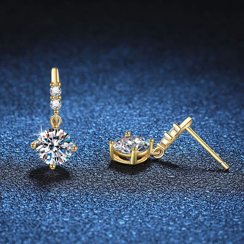 Dainty Gold-Tone Prong-Set Round Moissanite Drop Earrings