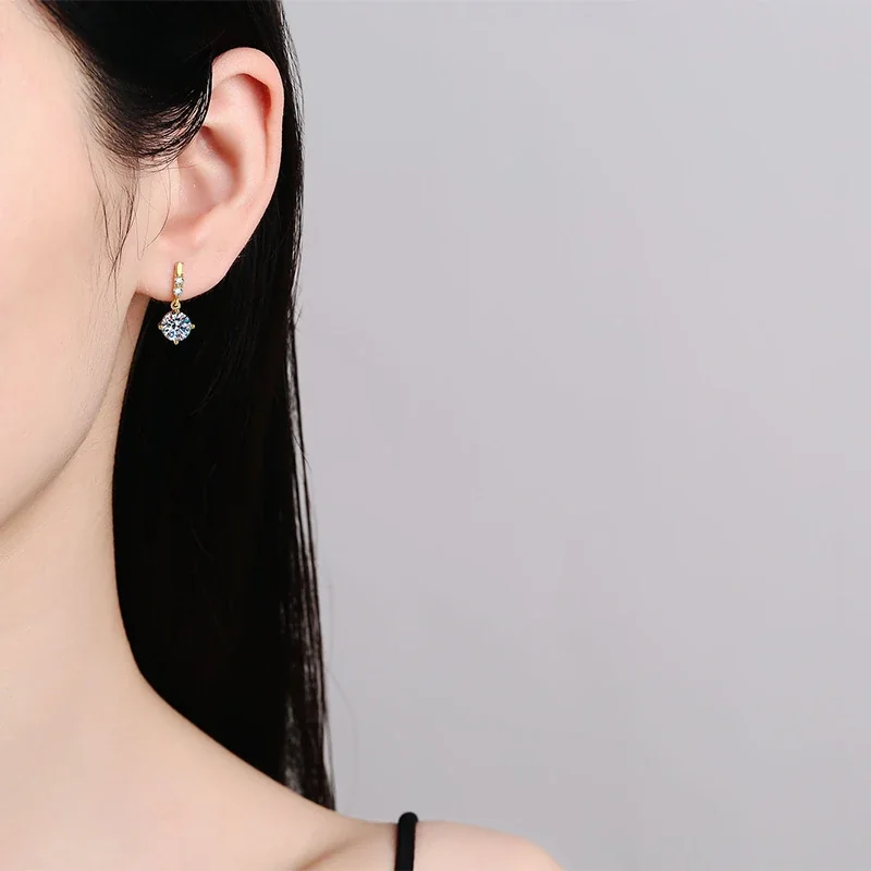 Dainty Gold-Tone Prong-Set Round Moissanite Drop Earrings