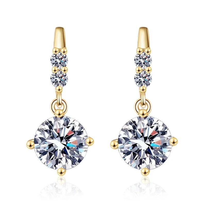 Dainty Gold-Tone Prong-Set Round Moissanite Drop Earrings - 5 mm High-Carbon Stone
