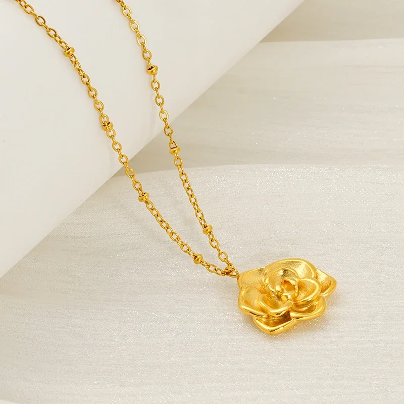 Sculptural Rose Bead-Station Stainless Steel Necklace