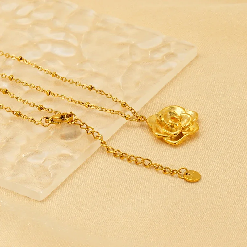 Sculptural Rose Bead-Station Stainless Steel Necklace