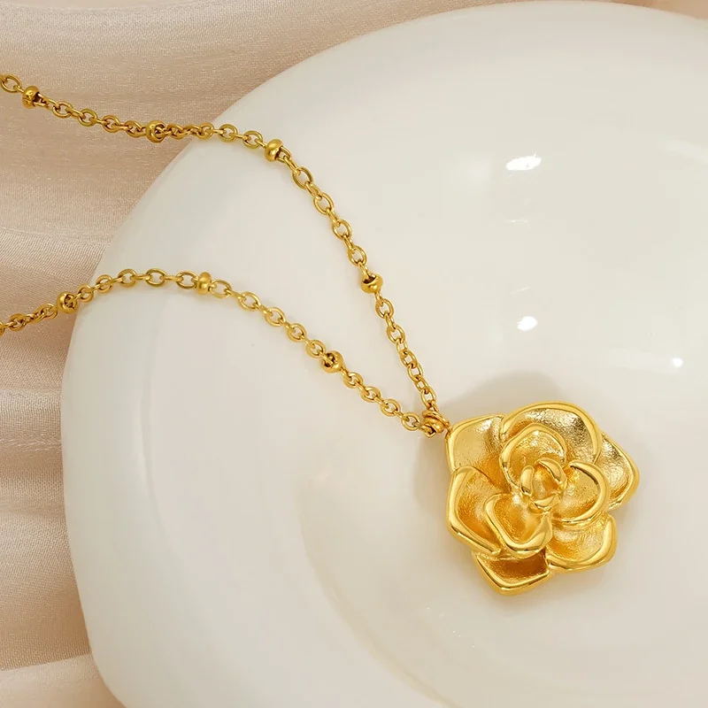 Sculptural Rose Bead-Station Stainless Steel Necklace