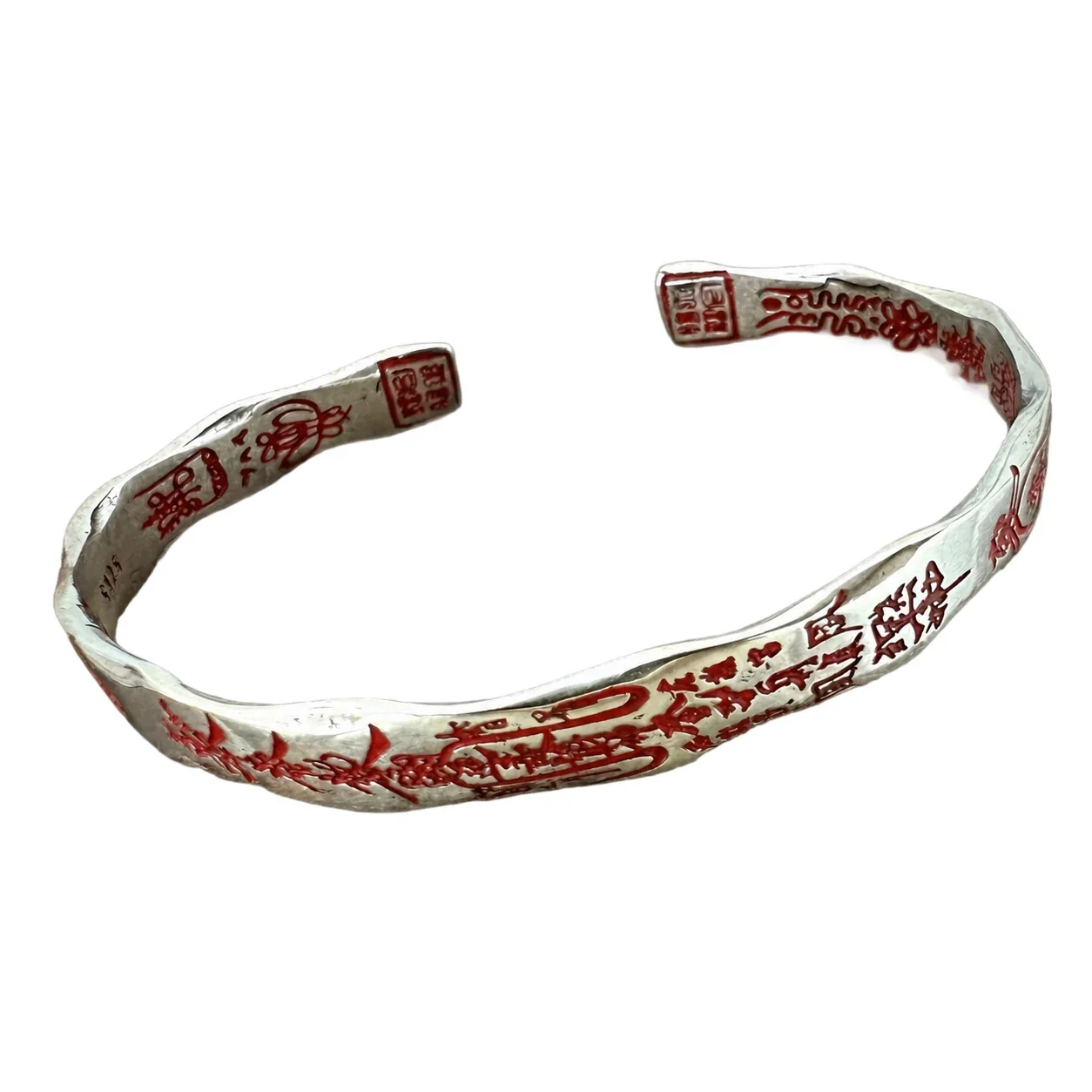Antiqued 925 Sterling Silver Red Script Engraved Open Cuff Bangle