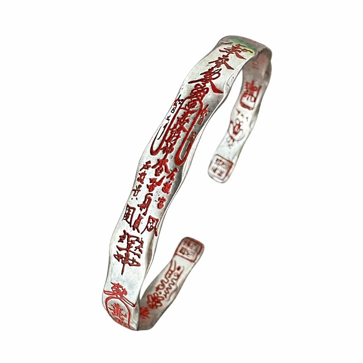 Antiqued 925 Sterling Silver Red Script Engraved Open Cuff Bangle