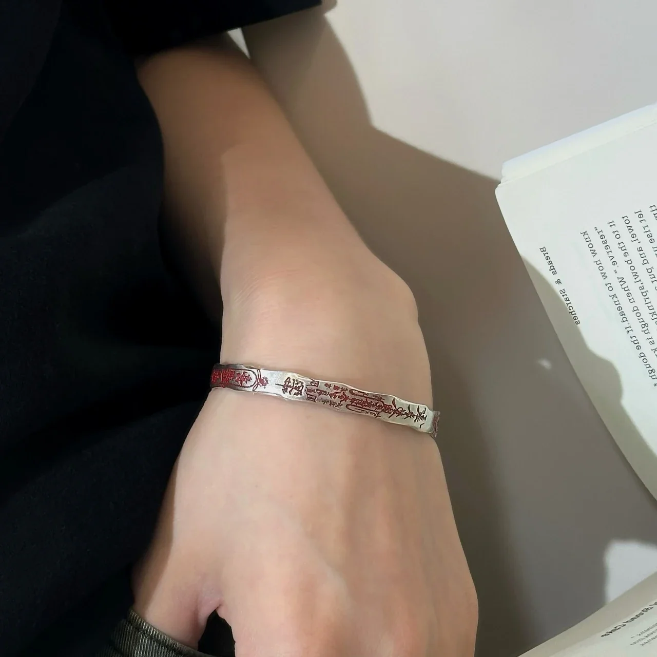 Antiqued 925 Sterling Silver Red Script Engraved Open Cuff Bangle