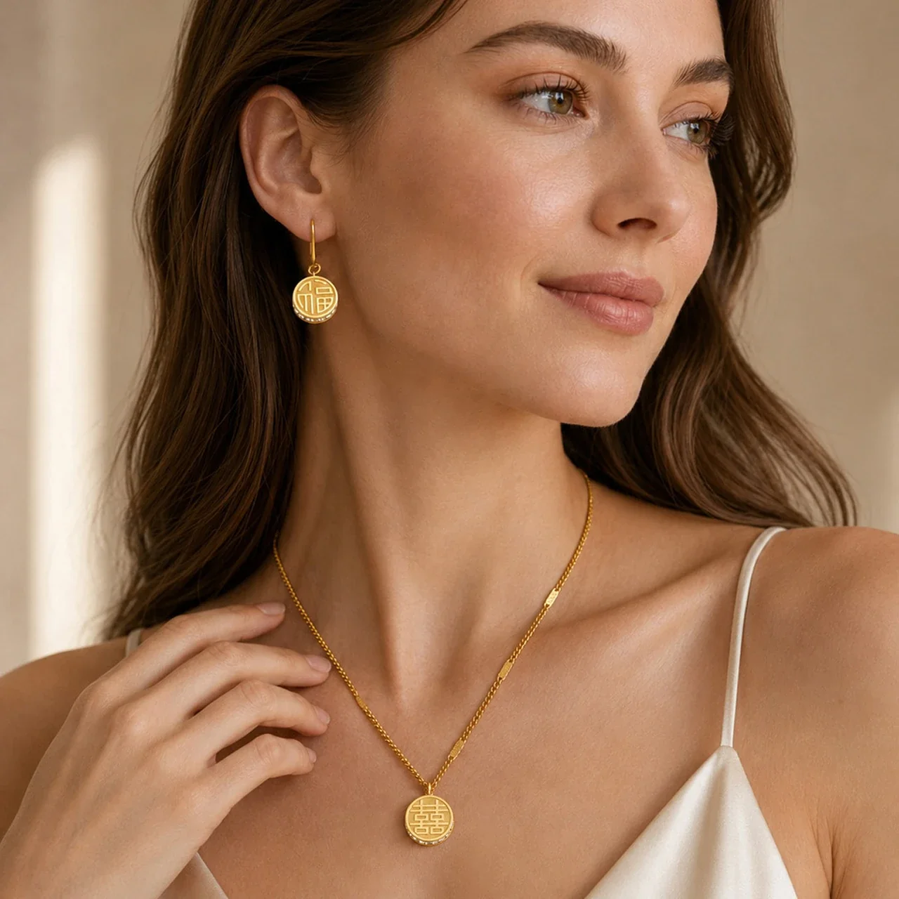 Symbolic 18K Gold-Plated Round Fu CZ Hook Drop Earrings