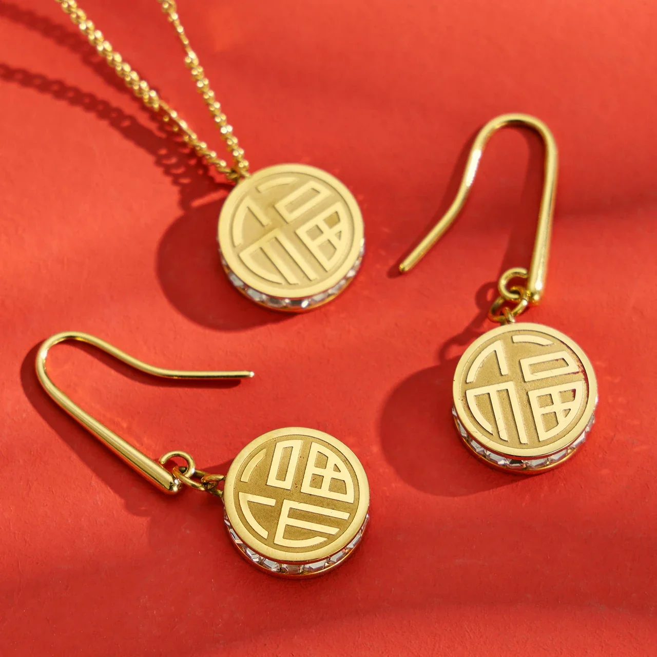 Symbolic 18K Gold-Plated Round Fu CZ Hook Drop Earrings