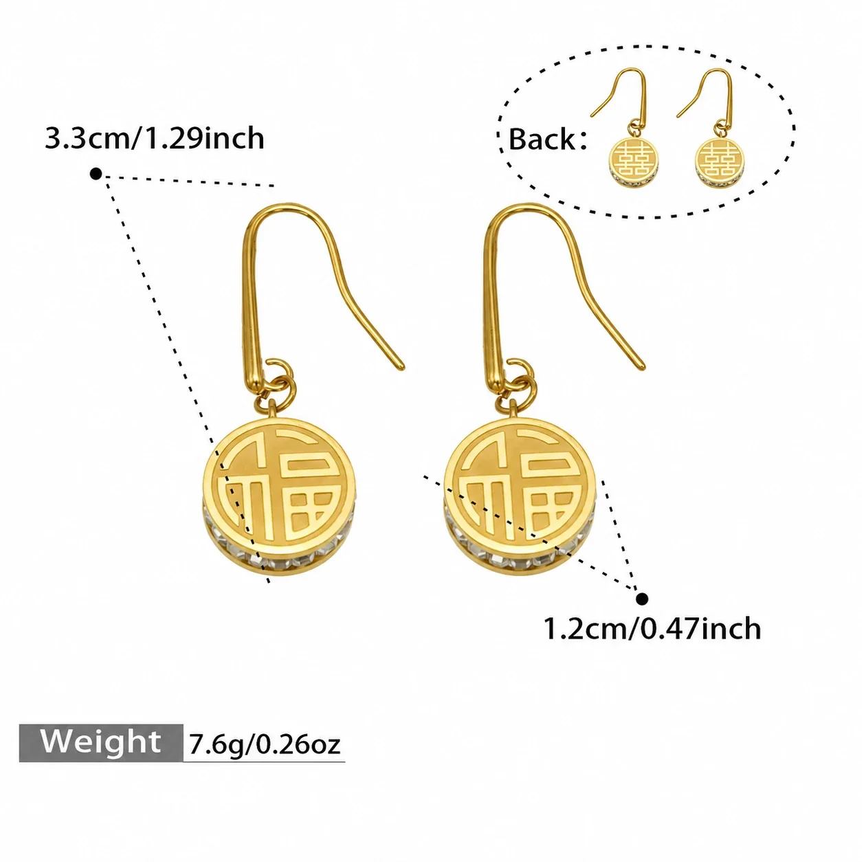 Symbolic 18K Gold-Plated Round Fu CZ Hook Drop Earrings - Gold Fu Disc