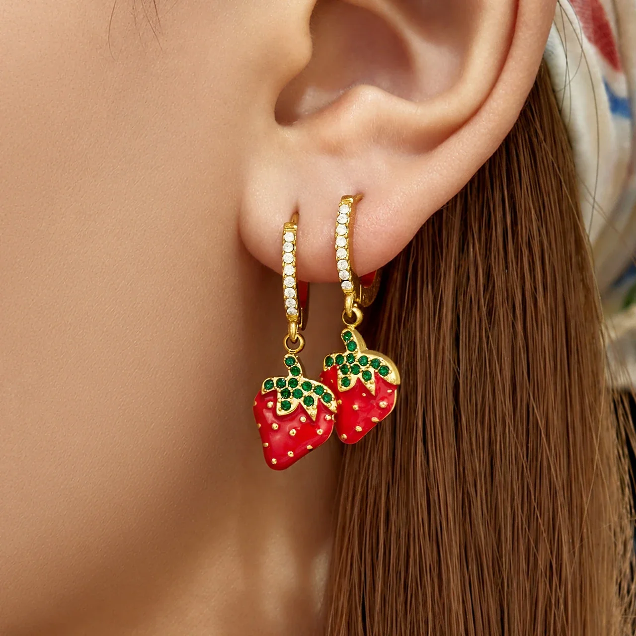 Playful Strawberry Enamel Pavé Stainless Steel Hoop Earrings