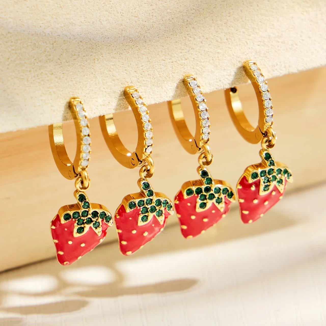 Playful Strawberry Enamel Pavé Stainless Steel Hoop Earrings