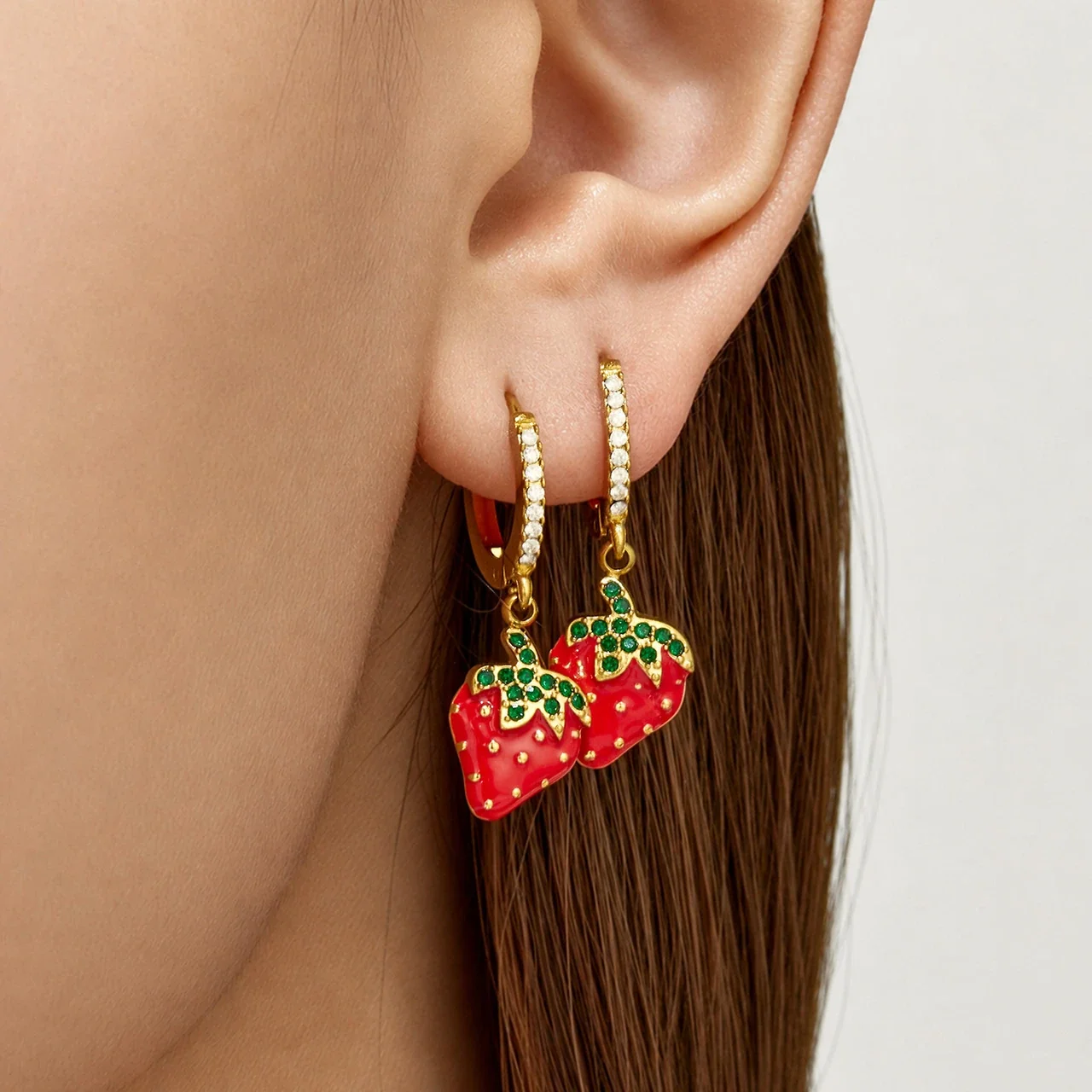 Playful Strawberry Enamel Pavé Stainless Steel Hoop Earrings