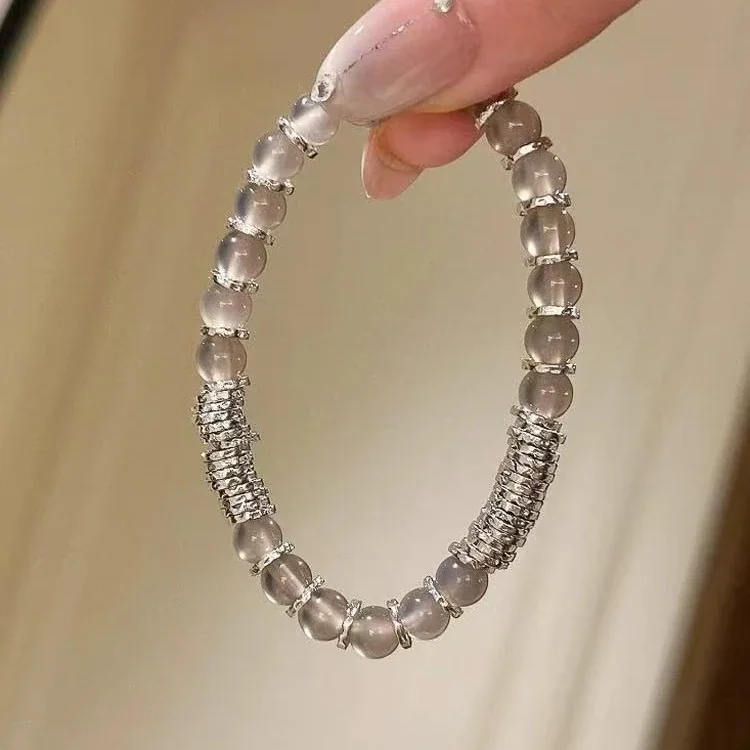 Luminous Grey Round Bead Silver-Tone Crystal Bracelet