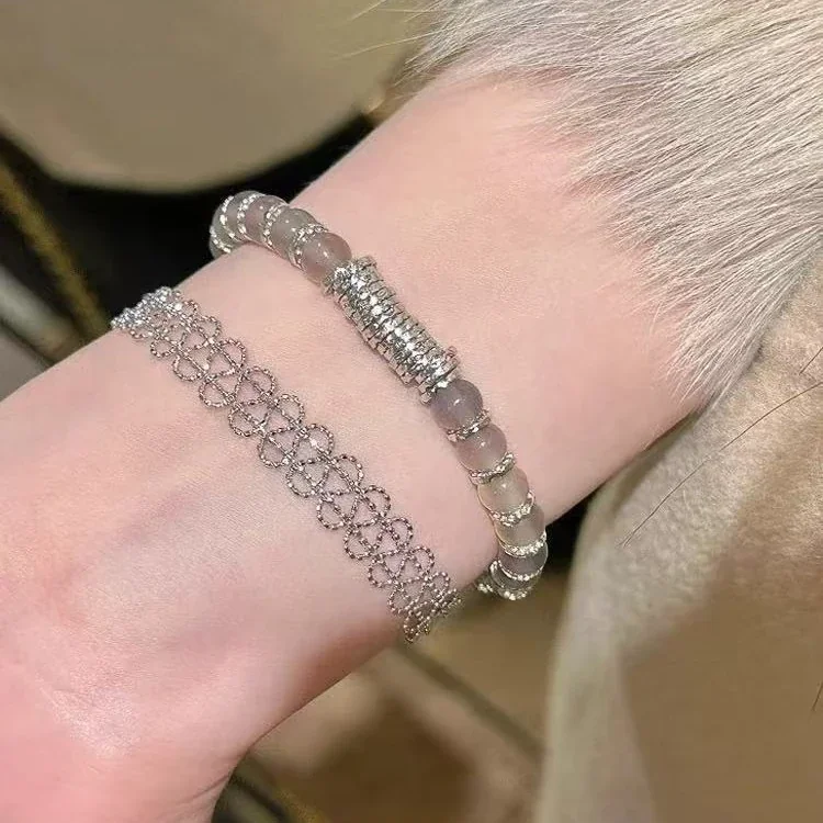Luminous Grey Round Bead Silver-Tone Crystal Bracelet