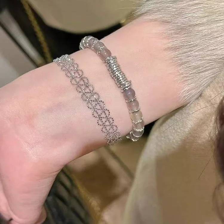 Luminous Grey Round Bead Silver-Tone Crystal Bracelet