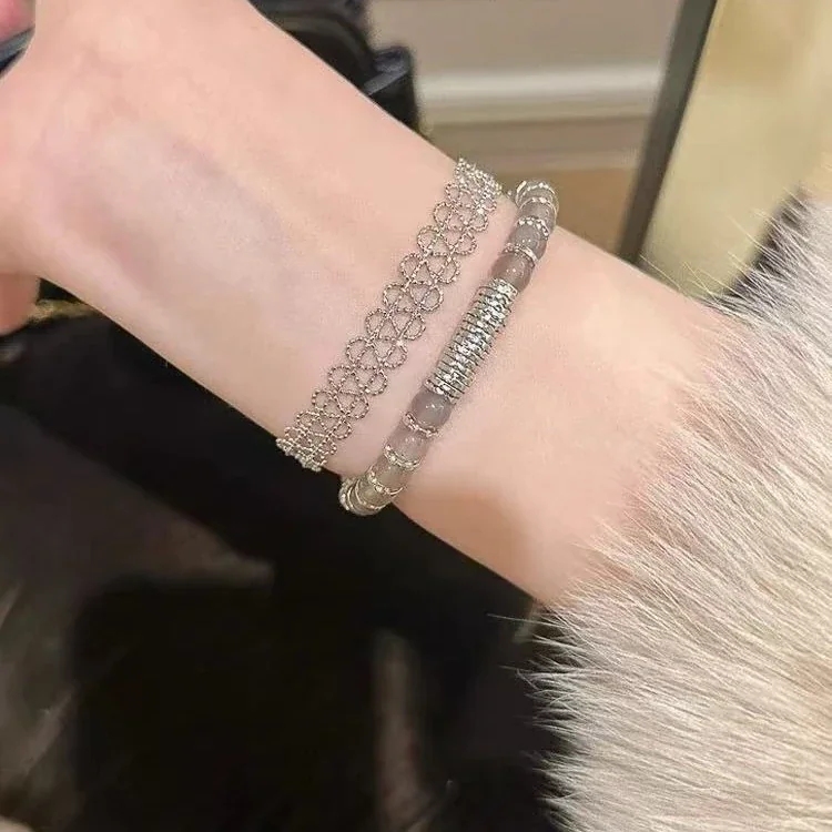 Luminous Grey Round Bead Silver-Tone Crystal Bracelet