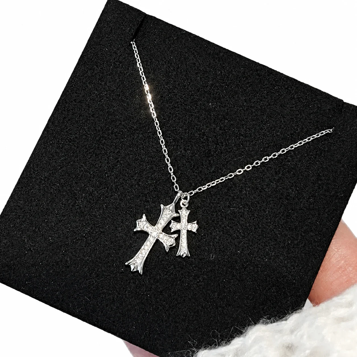 Twin Cross Pavé Clear Crystal 925 Sterling Silver Necklace