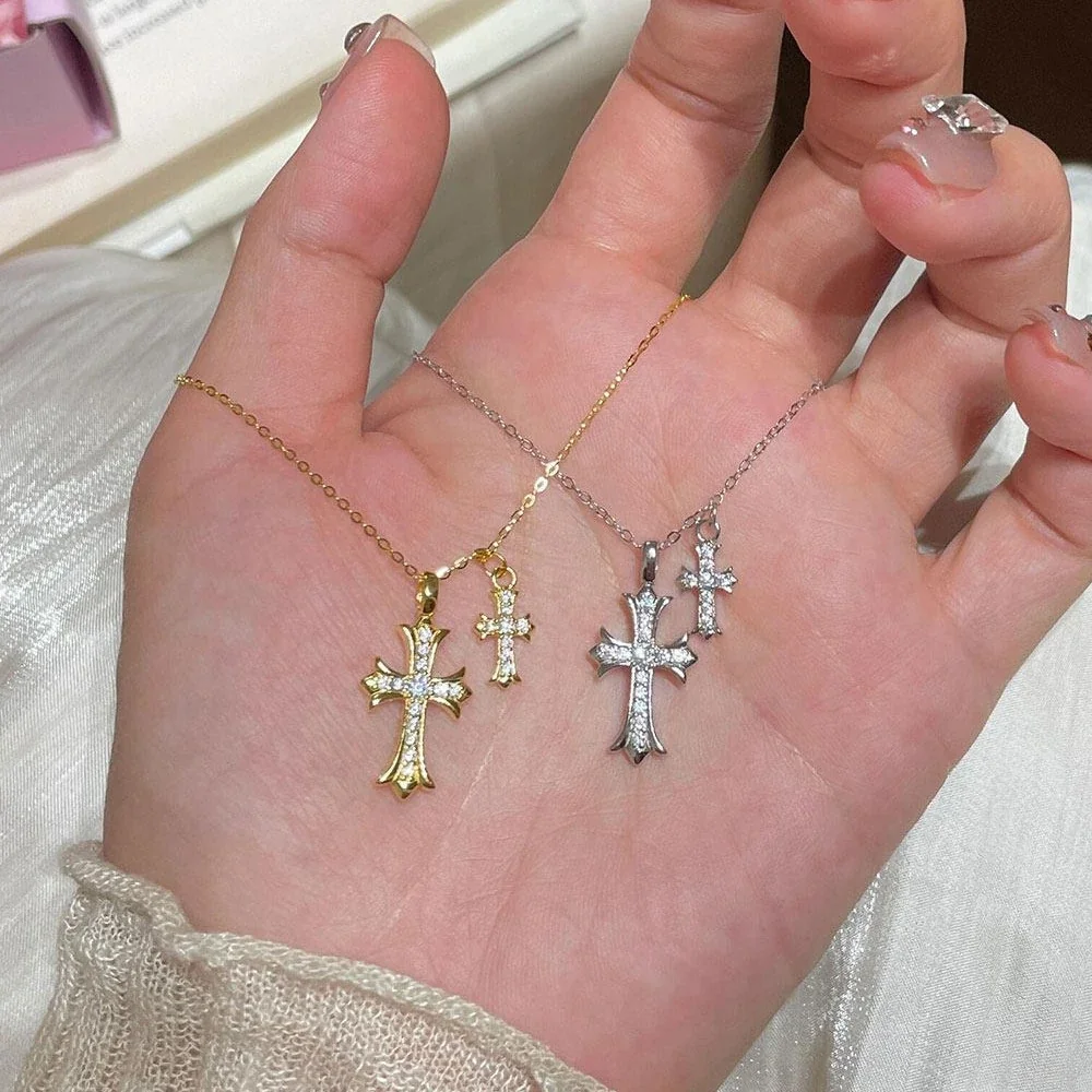 Twin Cross Pavé Clear Crystal 925 Sterling Silver Necklace