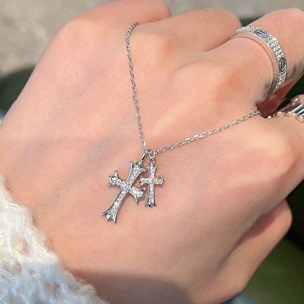 Twin Cross Pavé Clear Crystal 925 Sterling Silver Necklace