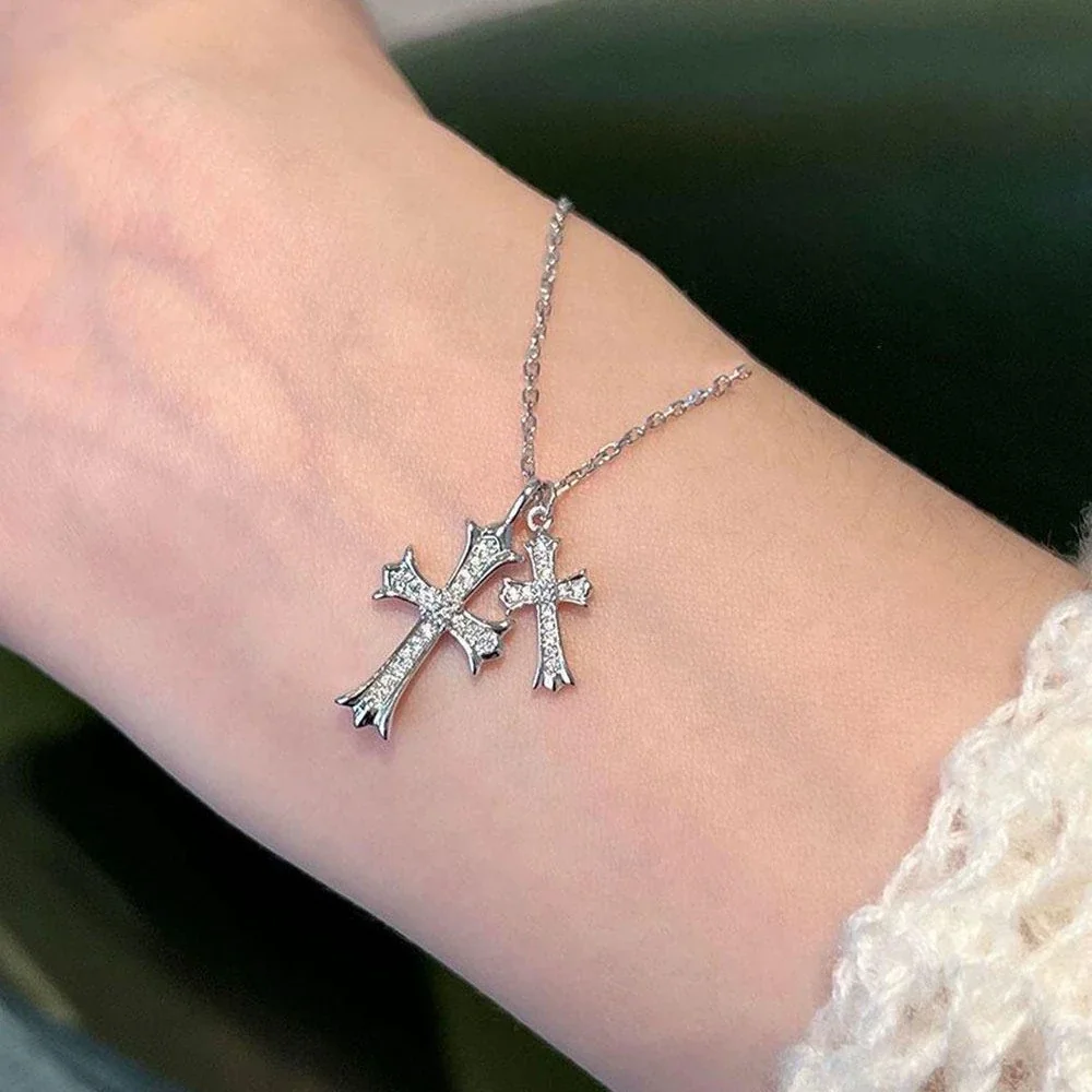Twin Cross Pavé Clear Crystal 925 Sterling Silver Necklace