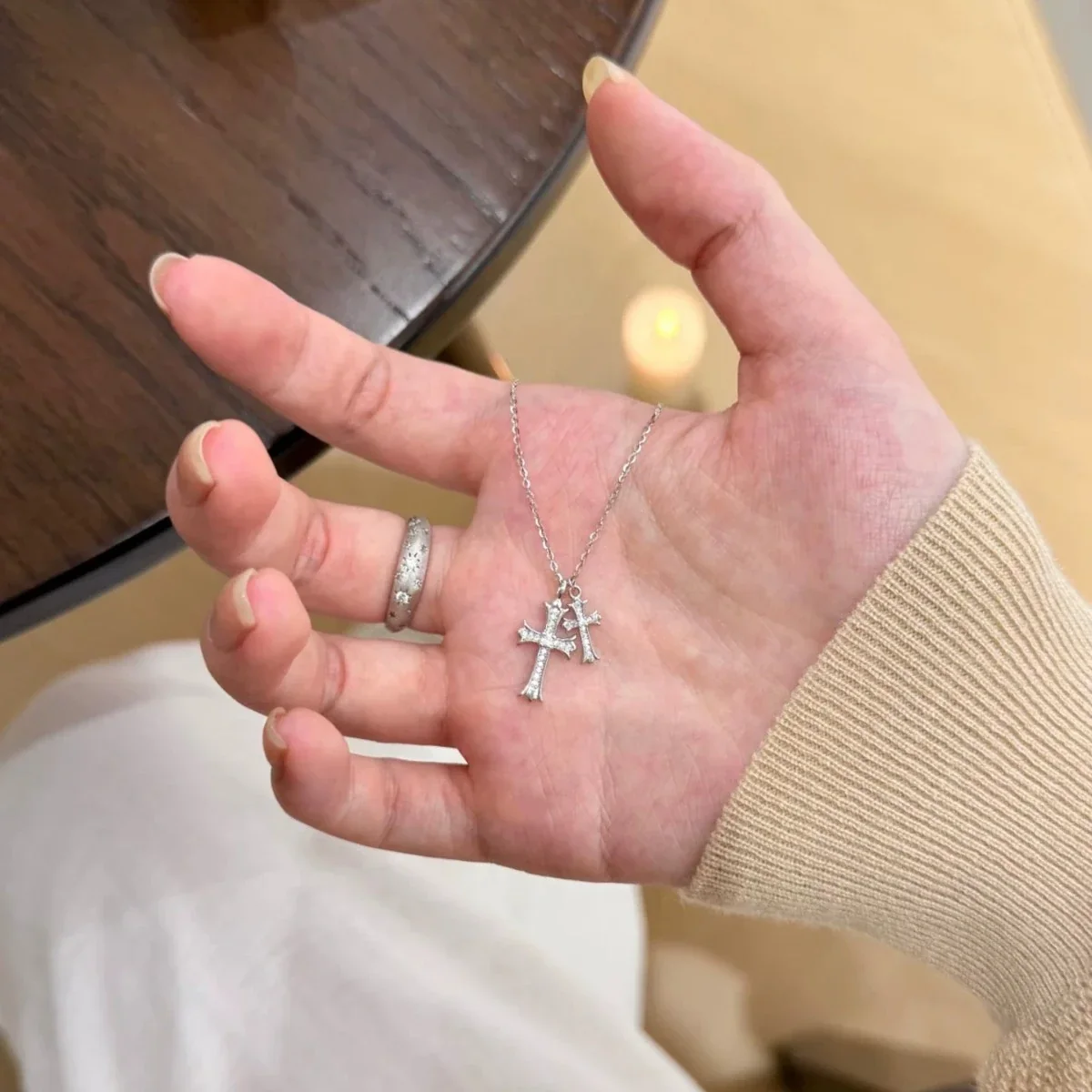 Twin Cross Pavé Clear Crystal 925 Sterling Silver Necklace