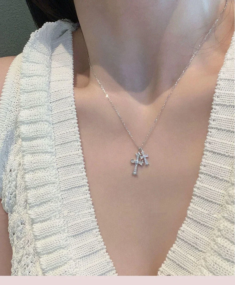 Twin Cross Pavé Clear Crystal 925 Sterling Silver Necklace - Silver