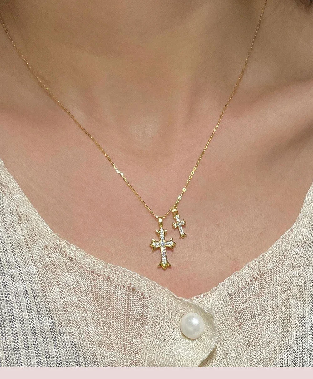 Twin Cross Pavé Clear Crystal 925 Sterling Silver Necklace - Gold