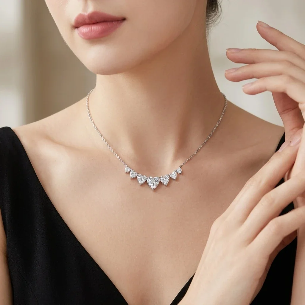 Radiant 925 Sterling Silver Heart Moissanite Garland Necklace