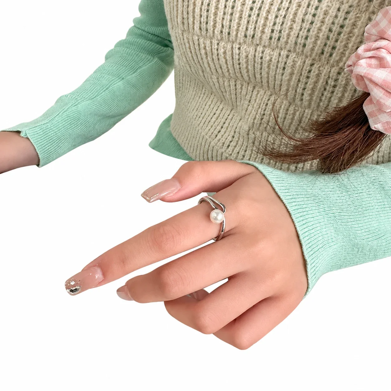 Sculptural 925 Sterling Silver Triple-Band Shell Pearl Ring