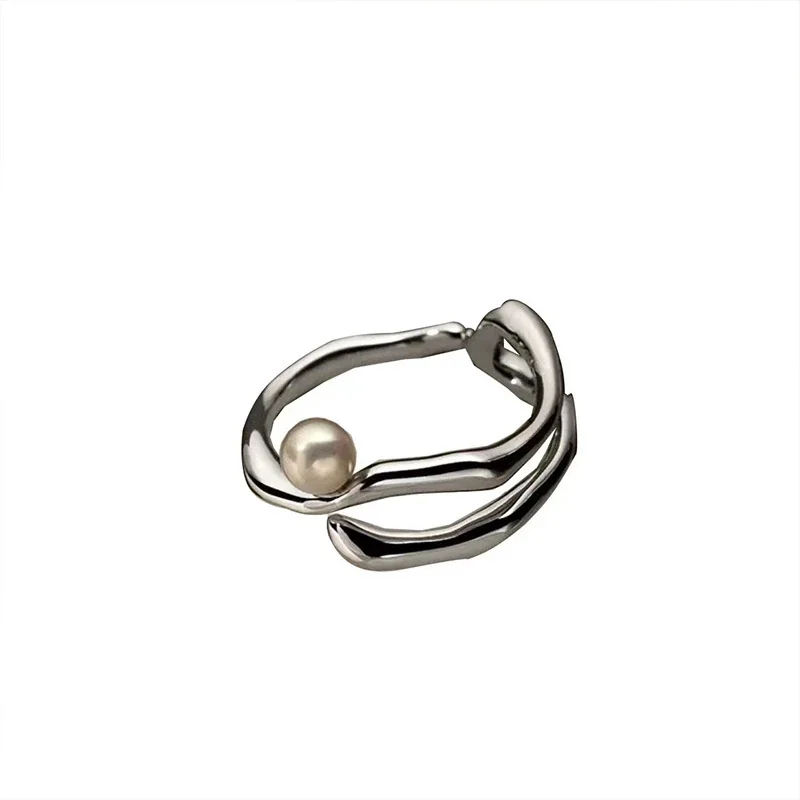 Sculptural 925 Sterling Silver Triple-Band Shell Pearl Ring