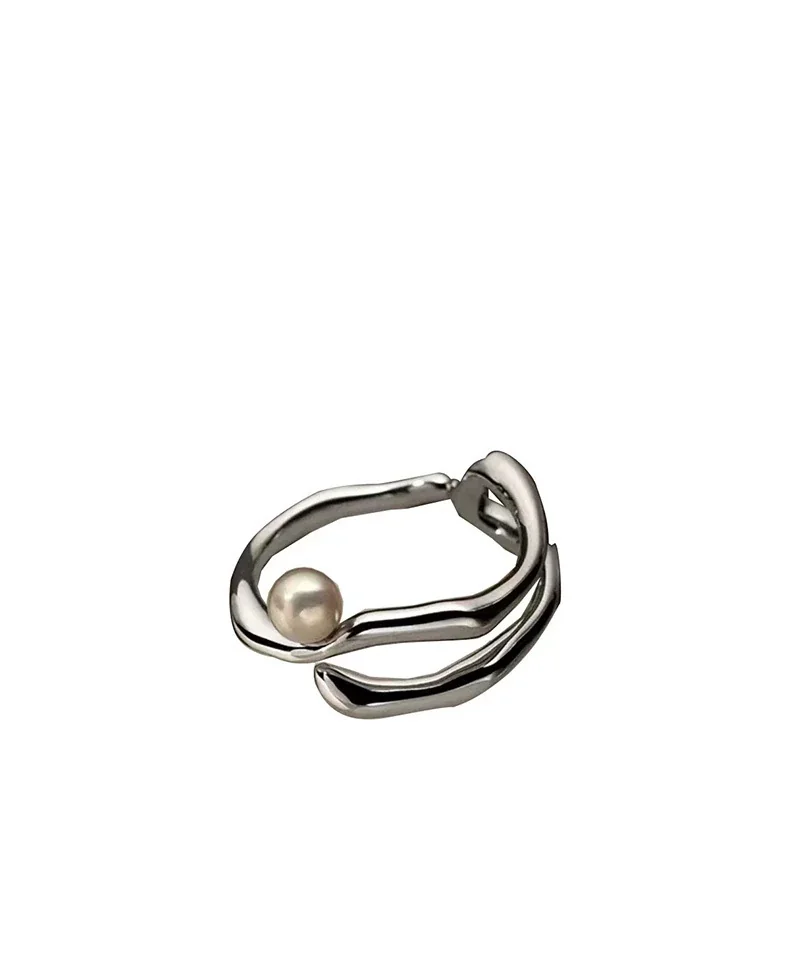 Sculptural 925 Sterling Silver Triple-Band Shell Pearl Ring - Silver