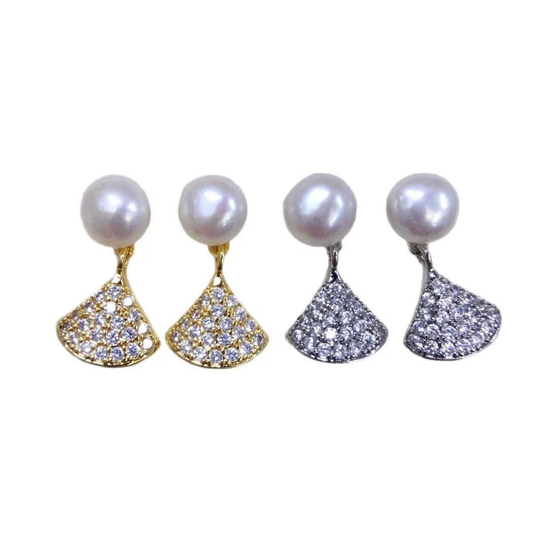 Dainty Fan Drop Freshwater Pearl Pavé Stud Earrings
