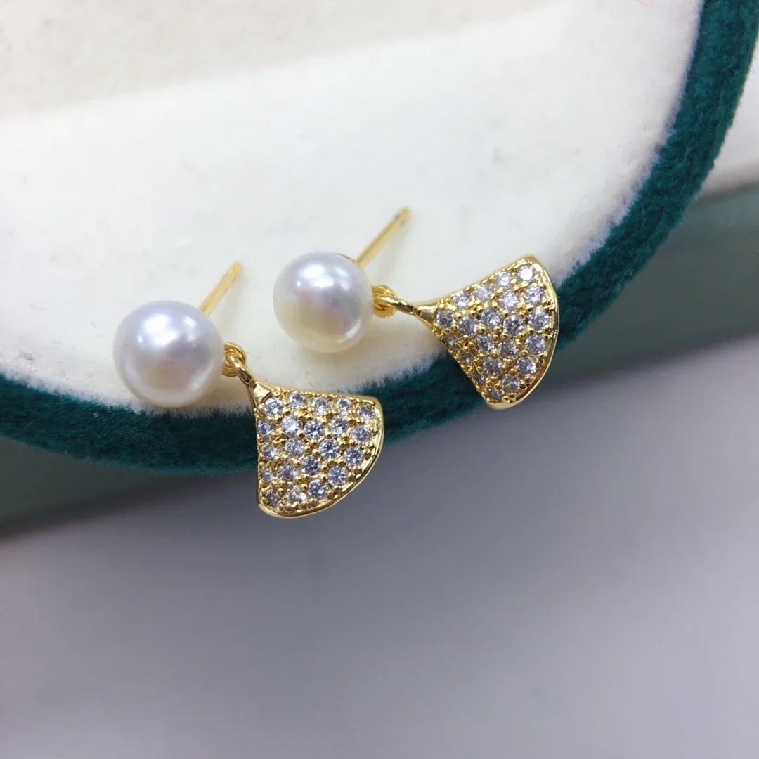 Dainty Fan Drop Freshwater Pearl Pavé Stud Earrings