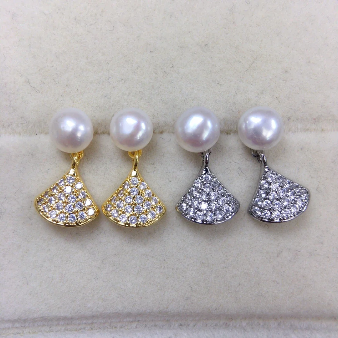 Dainty Fan Drop Freshwater Pearl Pavé Stud Earrings