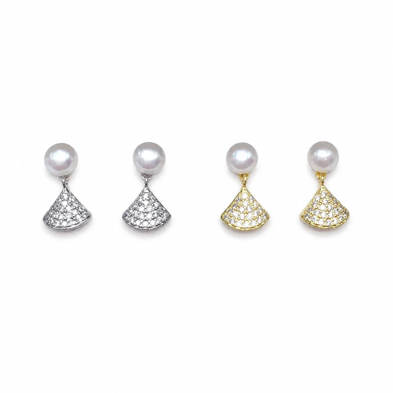 Dainty Fan Drop Freshwater Pearl Pavé Stud Earrings