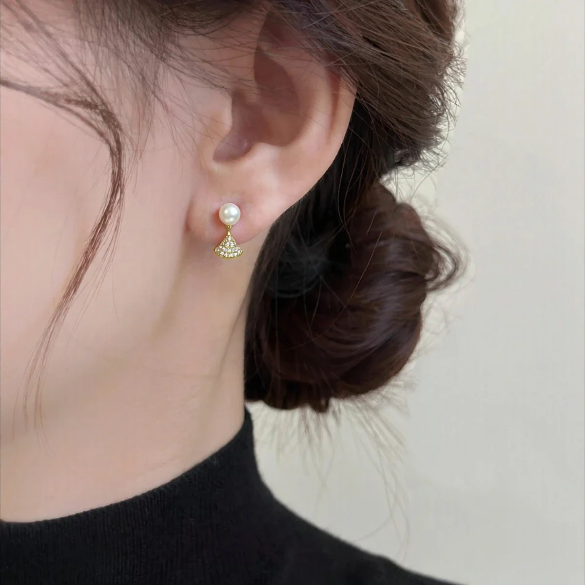 Dainty Fan Drop Freshwater Pearl Pavé Stud Earrings