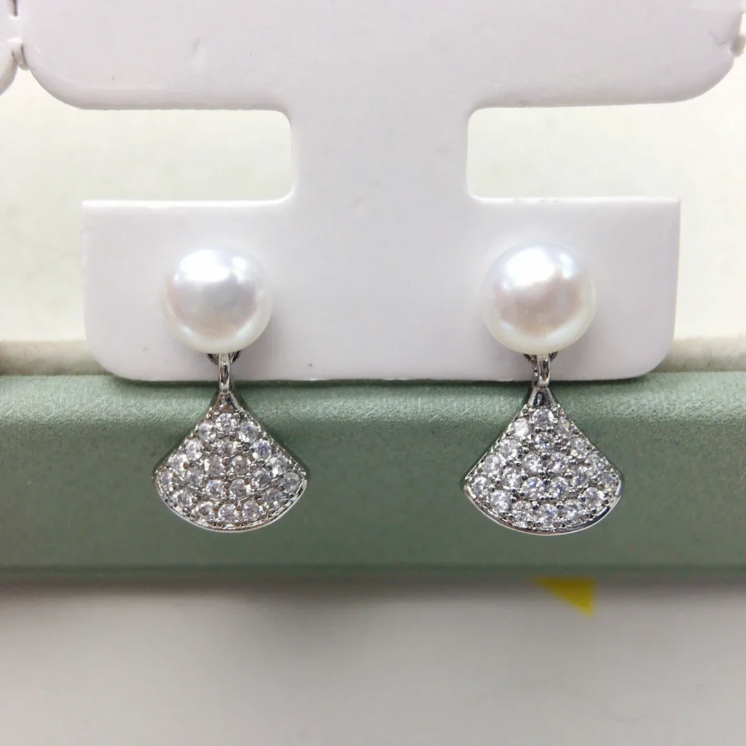 Dainty Fan Drop Freshwater Pearl Pavé Stud Earrings - Silver