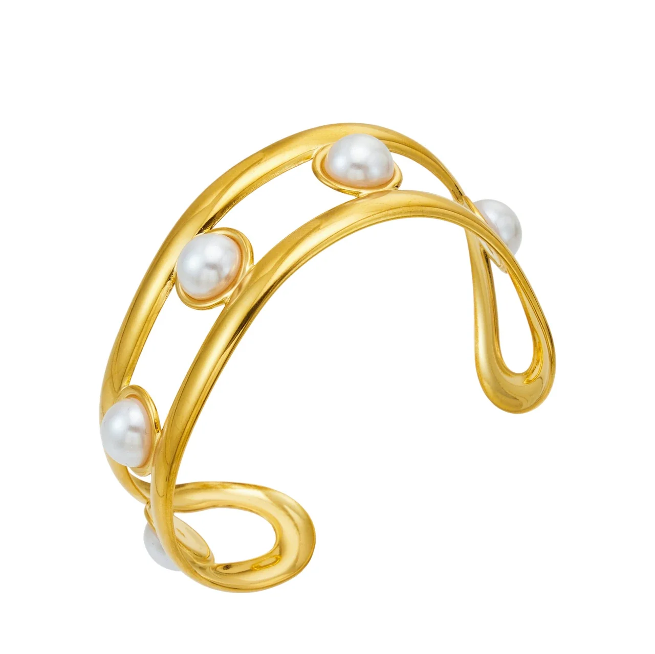 Sculptural 18K Gold-Plated Open-Front Shell Pearl Cuff