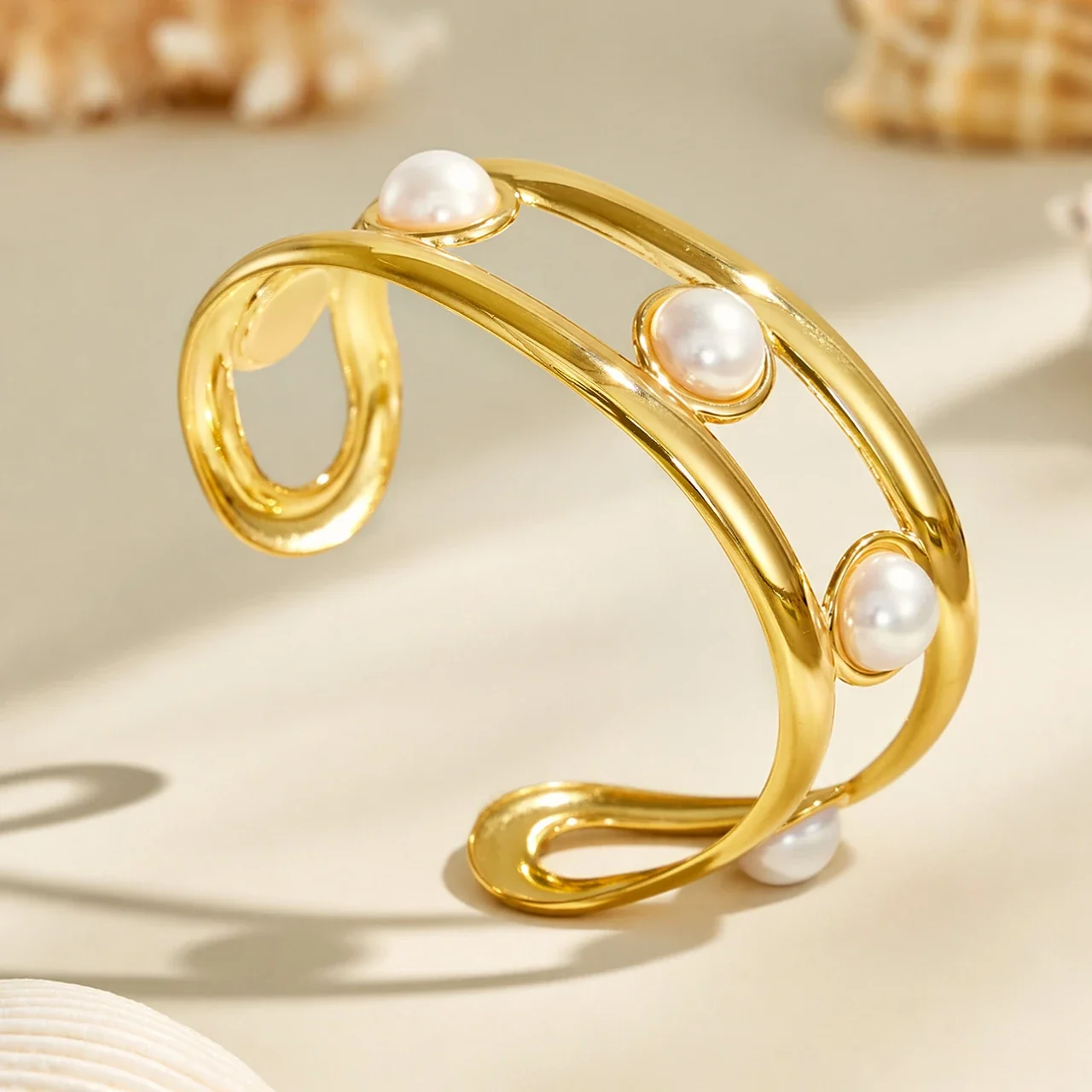 Sculptural 18K Gold-Plated Open-Front Shell Pearl Cuff