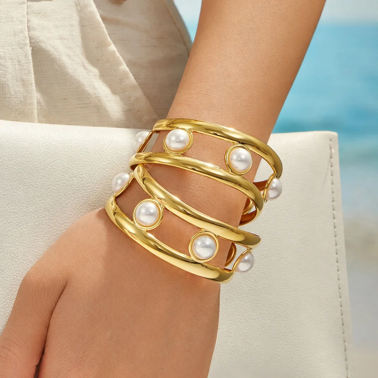 Sculptural 18K Gold-Plated Open-Front Shell Pearl Cuff